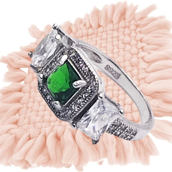 Created Emerald Center Stone & CZ Sterling Silver Ring - Picture 3 of 5